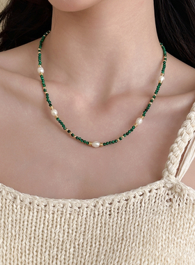 孔雀石串珠天然淡水珍珠项链