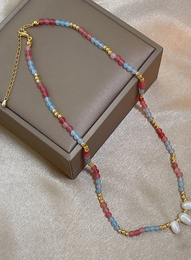 简约彩色水晶天然珍珠串珠项链