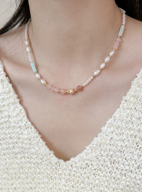百搭淡水珍珠粉色天然石串珠项链