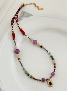 彩色天然石串珠吊坠水晶项链
