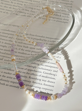 淡水珍珠紫色天然石水晶串珠项链