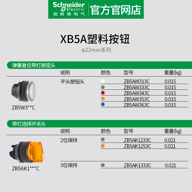 施耐德XB5A按钮头平头带灯ZB5AD2C选择开关钥匙急停按钮ZB5AS54C-图1