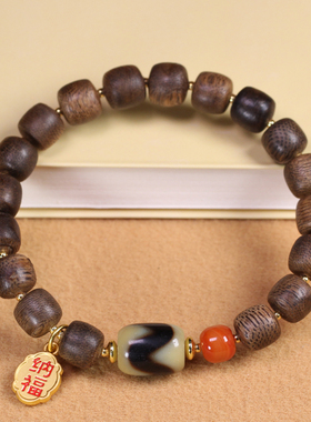 圣饰奇缘 天然真品西藏玛瑙虎牙天珠10*13mm加里曼丹沉香手链