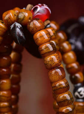 藏传回流骨桶珠108颗佛珠念珠脖挂牦牛骨松石铜卡子阿呆貔貅配饰