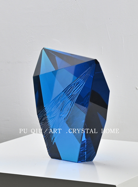 轻奢水晶蓝色三角刻花摆件别墅客厅电视柜办公室书柜装饰高档摆件