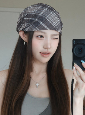 复古格纹堆堆帽女春夏显脸小