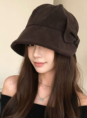 灯芯绒蝴蝶结渔夫帽女显脸小