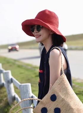 红色草帽子女夏季大帽檐透气防晒