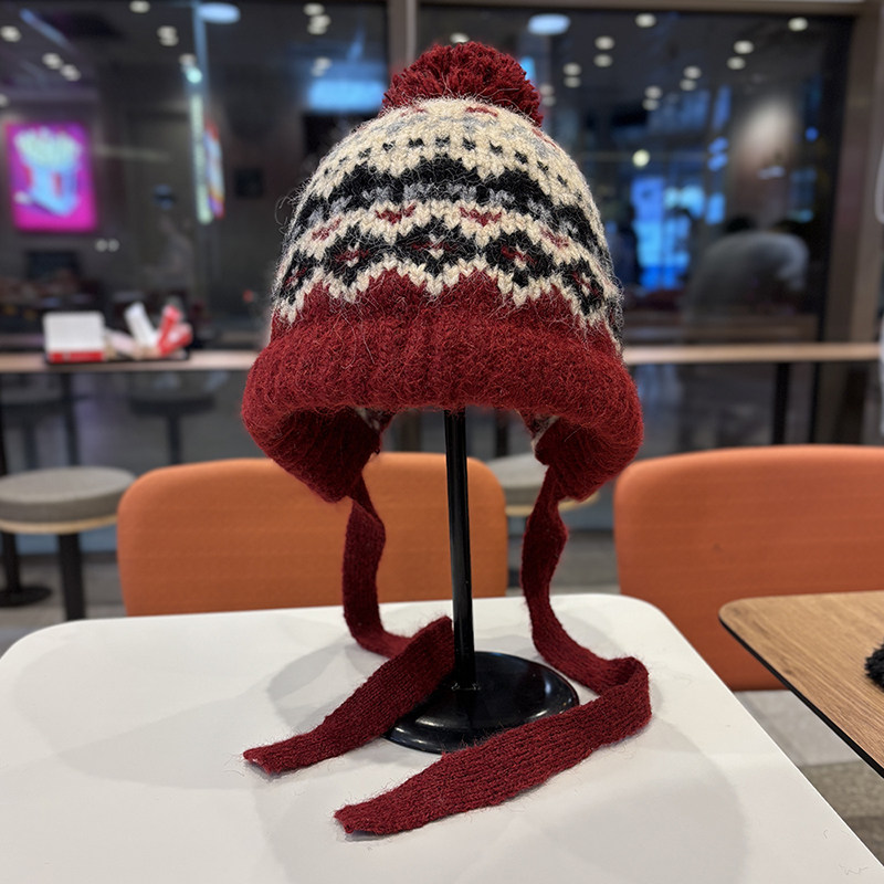 费尔岛复古提花防寒毛线帽子女冬季保暖护耳绑带针织帽防寒包头帽,淘宝优惠券,粉丝福利购,淘宝优惠卷