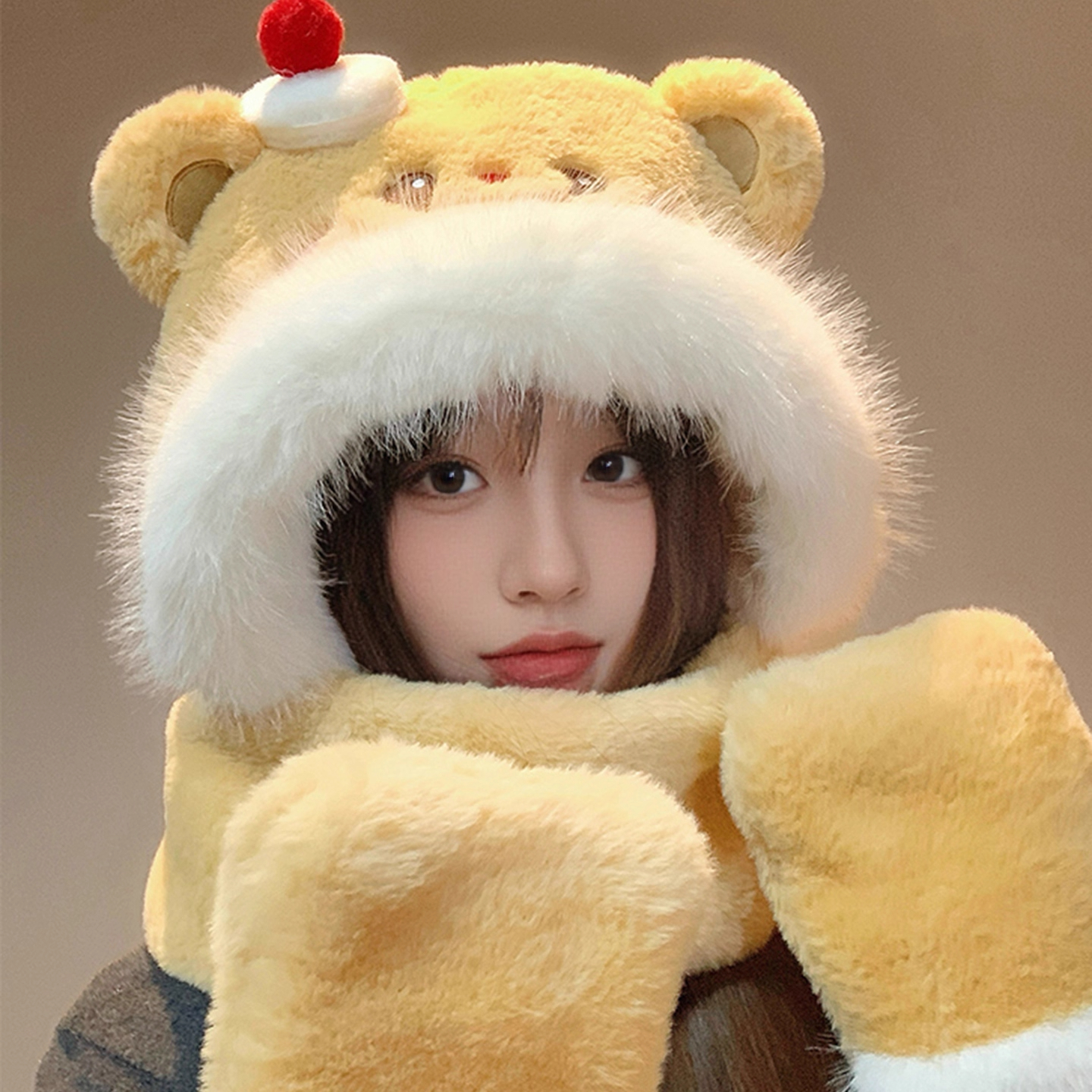 可爱蛋糕小熊毛绒帽子女冬季围巾一体三件套保暖显脸小护耳雷锋帽 - 图1
