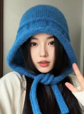 韩系蓝色巴拉克拉法帽子女秋冬季