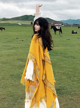旅行民族风黄色棉麻披肩斗篷女