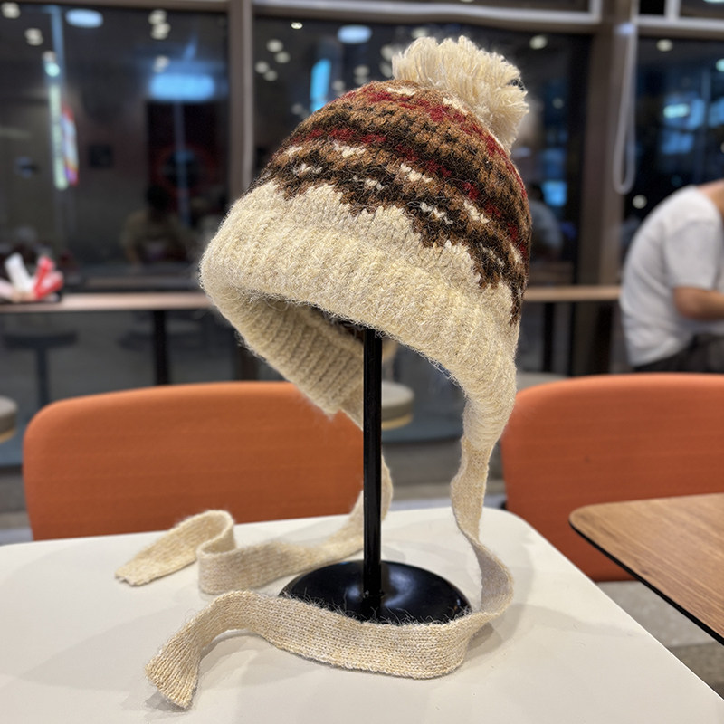 费尔岛复古提花防寒毛线帽子女冬季保暖护耳绑带针织帽防寒包头帽,淘宝优惠券,粉丝福利购,淘宝优惠卷