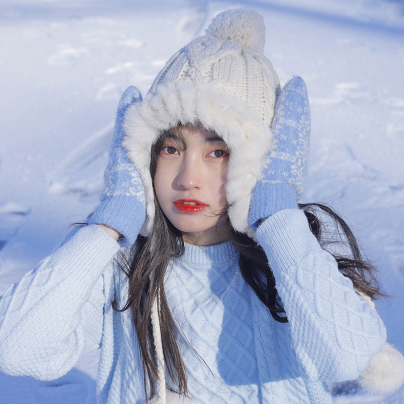 可爱毛球护耳毛茸茸保暖百搭雷锋帽女白色兔毛绒冬季雪地毛线帽子 - 图2