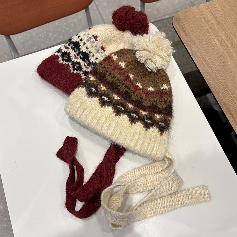 费尔岛复古提花防寒毛线帽子女冬季保暖护耳绑带针织帽防寒包头帽,淘宝优惠券,粉丝福利购,淘宝优惠卷