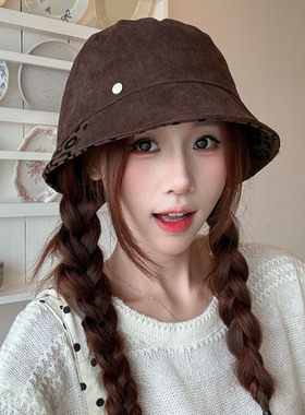 麂皮拼接抽绳豹纹渔夫帽女款