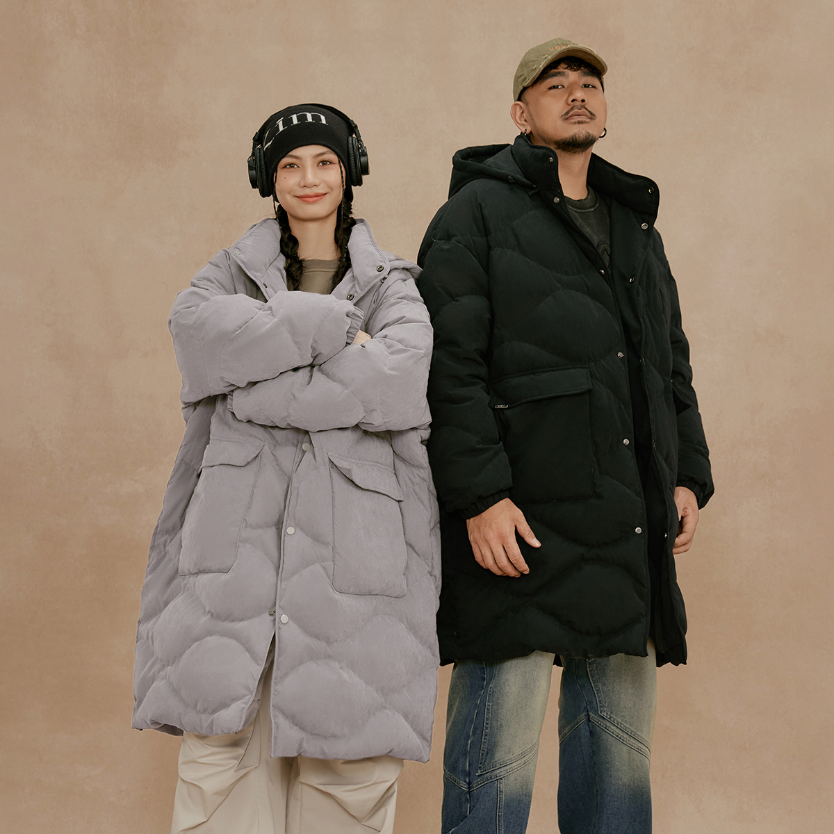 NMAX大码潮牌男装冬新品桃皮绒连帽羽绒服菱形格填充绒感外套 - 图0