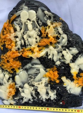 高仿寿山石山水蟠桃盛会观赏摆件家居客厅玄关酒柜工艺品礼品摆设