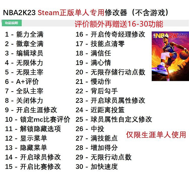 NBA2K23修改器辅助MC生涯单人满徽章能力体力球员修改 steam/epic - 图0