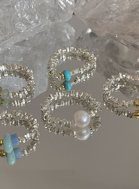 碎银子天然石戒指女ins食指弹力金色手工弹力绳指环2022年新款潮