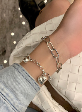 韩国东大门925纯银复古做旧爱心镂空手链ins女百搭时尚气质手饰
