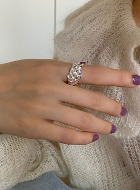 韩国东大门925纯银凹凸面羽毛戒指ins小众不规则时尚轻奢气质指环