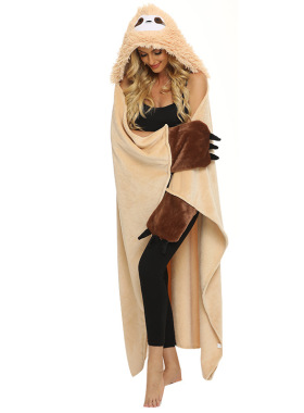 树懒披风卡通动物毛毯连帽法兰绒毯驼色TV电视毯 Blanket shawl