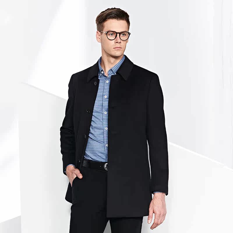 【含骆驼绒】德鲨秋季黑色翻领羊毛大衣男中长款毛呢外套,淘宝优惠券,粉丝福利购,淘宝优惠卷