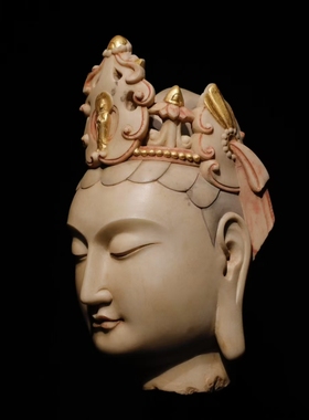 石雕复古仿古北齐汉白玉彩绘观音头佛头佛首摆件做旧摆放家居佛堂