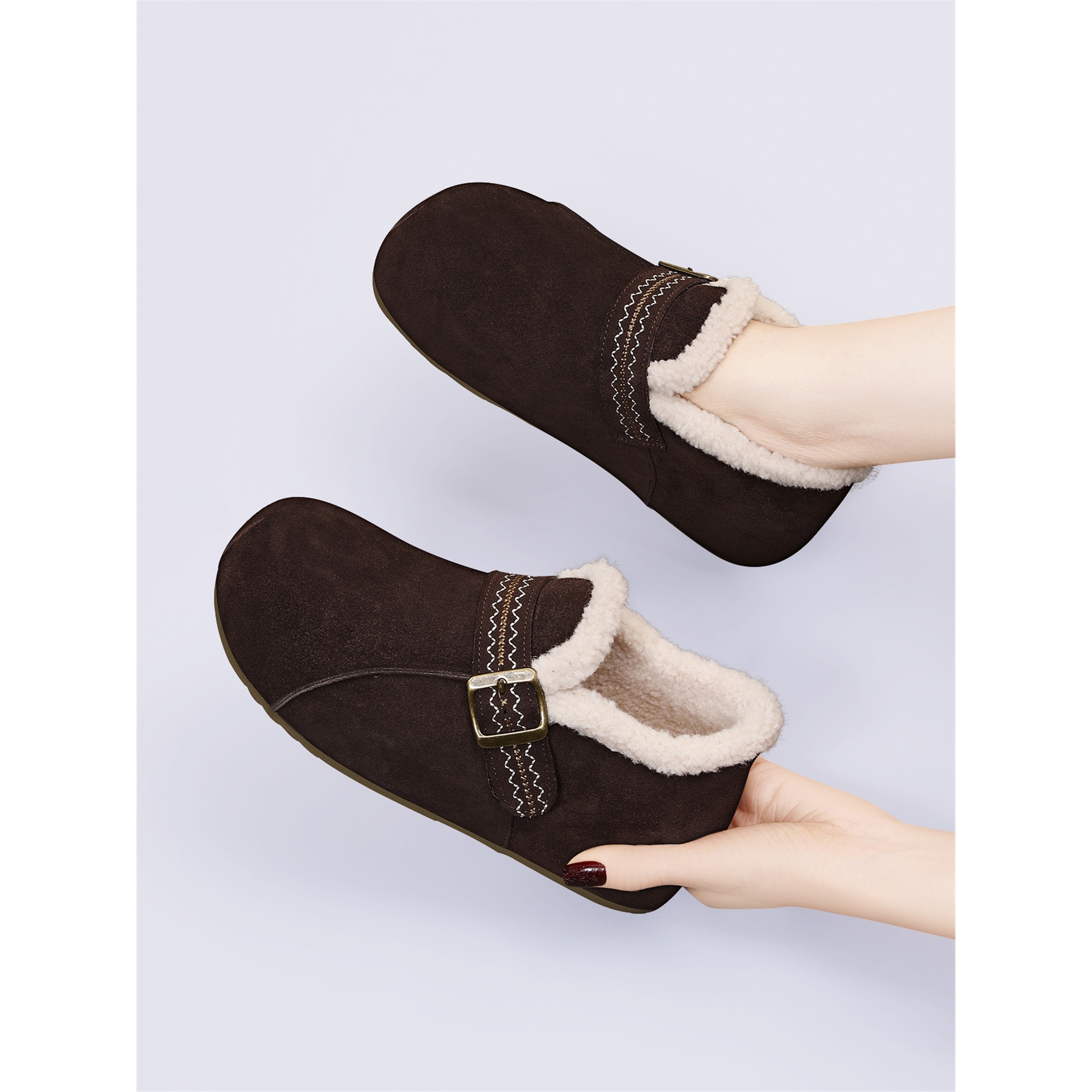 真皮勃肯鞋女加绒冬季新款羊羔毛皮带扣棉鞋一脚蹬防滑厚底乐福鞋 - 图3