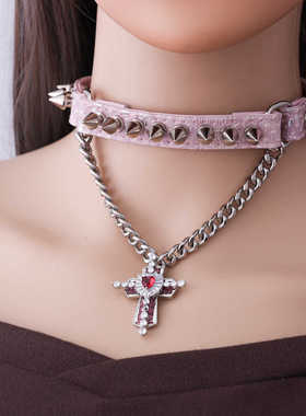 k9十字架日系定制铆钉链条粉钻
