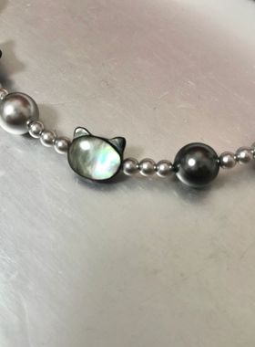 倪妮同款施家大溪地珍珠猫咪项链锁骨链百搭气质时尚颈链时髦纯银