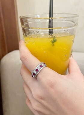 ins小众轻奢风玫红锆石戒指女重工满钻围镶百搭开口可调节指环女
