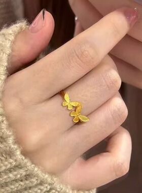 双蝴蝶花丝沙金戒指女开口新中式