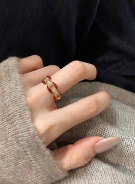 韩版红色滴釉锁链戒指女新款轻奢小众设计通勤食指戒女开口可调节