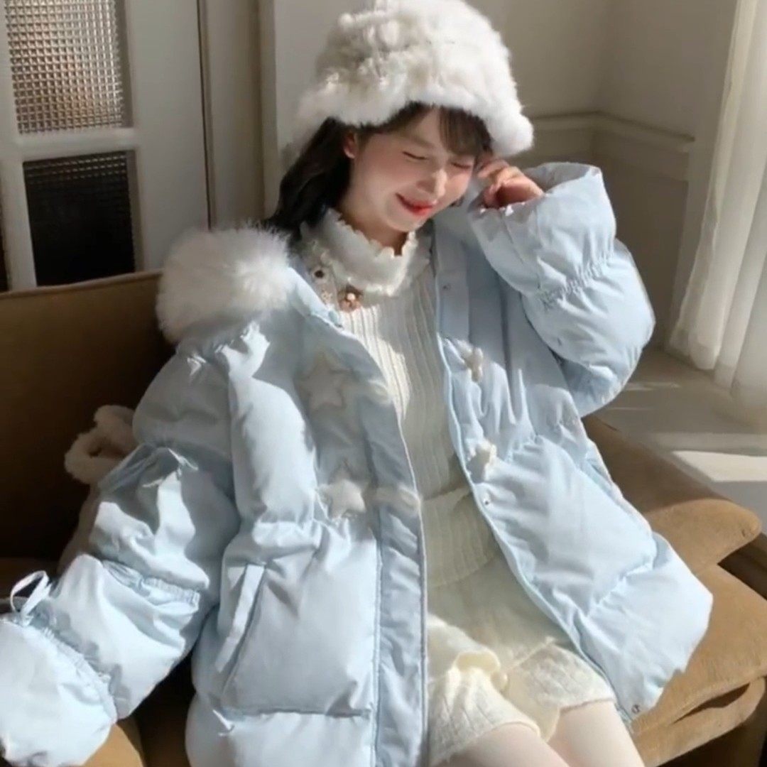 蓝色星星毛领连帽棉服外套女2025冬季新款加厚不臃肿宽松保暖棉袄,淘宝优惠券,粉丝福利购,淘宝优惠卷