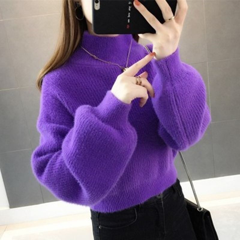 仿水貂绒毛衣女秋冬外穿半高领加厚新款小个子宽松针织打底衫,淘宝优惠券,粉丝福利购,淘宝优惠卷