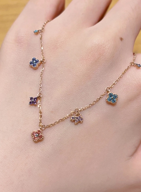 法兰西幸运四叶花项链女法式优雅彩色宝石轻奢锁骨链气质简约时尚