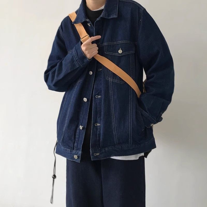 日系复古深蓝色牛仔外套男痞帅秋季潮宽松大码新款休闲夹克牛仔衣,淘宝优惠券,粉丝福利购,淘宝优惠卷