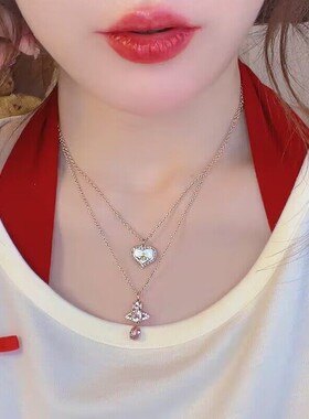 高级感彩钻人鱼眼泪水滴钻项链双层叠戴玫瑰金吊坠锁骨链短款颈链
