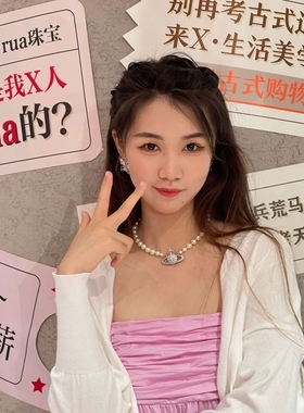 全新中号满钻大土星珍珠项链chocker百搭短款颈链星球吊坠锁骨链