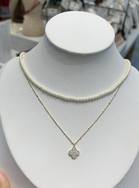 艺达新款双层叠戴珍珠项四叶草闪钻链颈链女轻奢高级感小众锁骨链