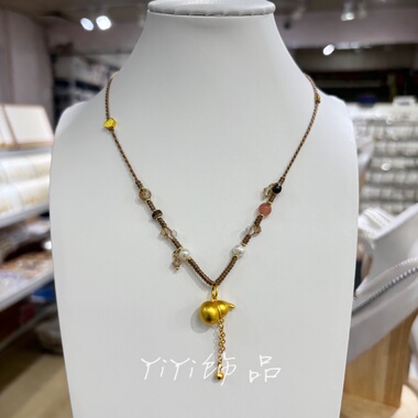 新中式美拉德咖色编织绳沙金葫芦吊坠项链长款女高级中国风毛衣链