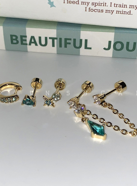 独特帕绿色菱形双钉一体链耳骨钉钛钢四芒星耳钉高级水滴耳圈耳饰