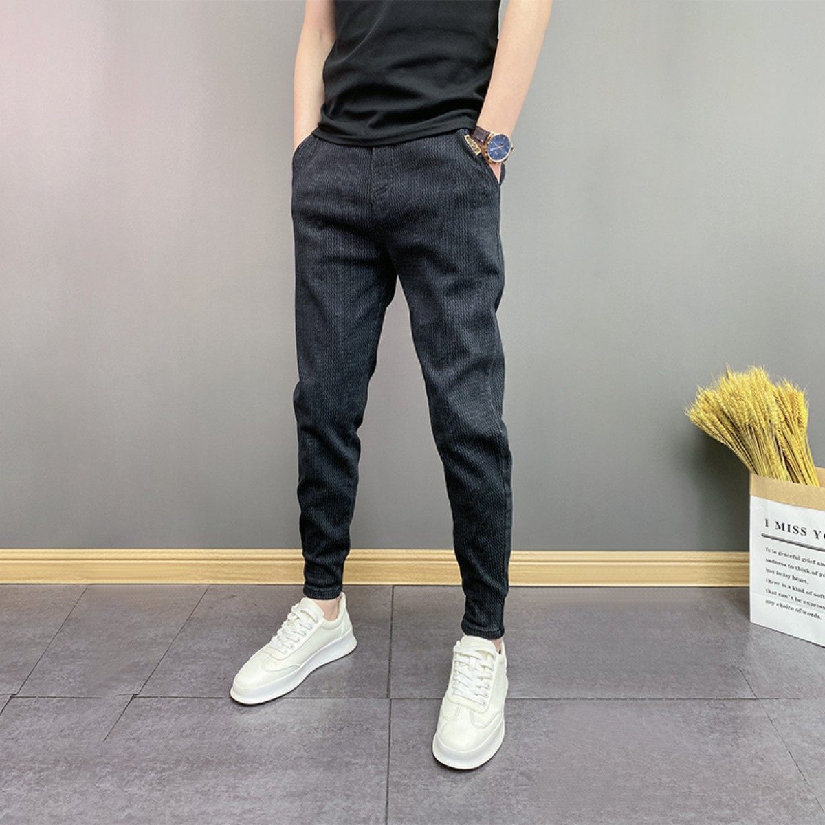 2024秋季新款牛仔裤男士束脚哈伦裤韩版修身小脚弹力修身九分裤子,淘宝优惠券,粉丝福利购,淘宝优惠卷