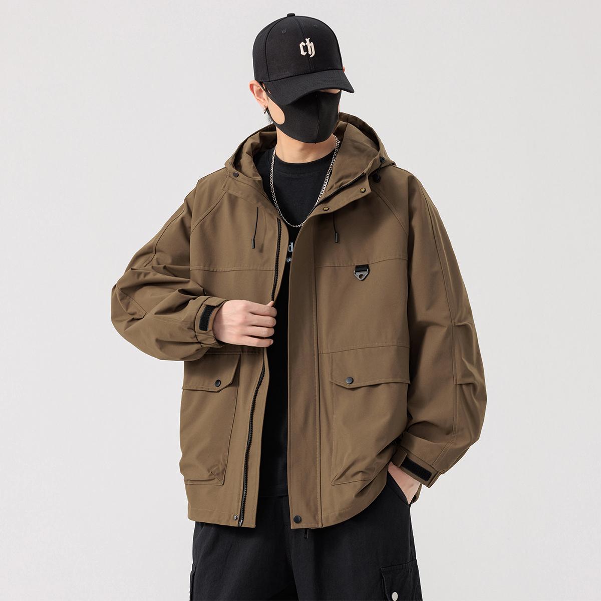 春季休闲连帽夹克男宽松休闲大码冲锋衣新款潮流工装胖子男装外套 - 图3