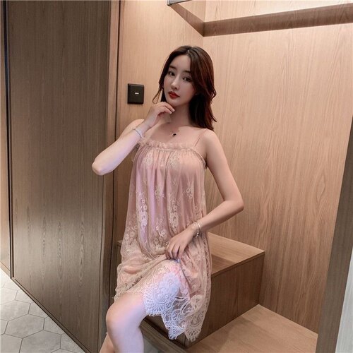 性感大码网红吊带睡裙女夏季冰丝薄款2022年新款夏天蕾丝花边睡衣 - 图3