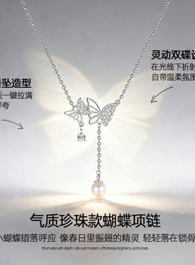 银色蝴蝶吊坠项链女款高级感轻奢