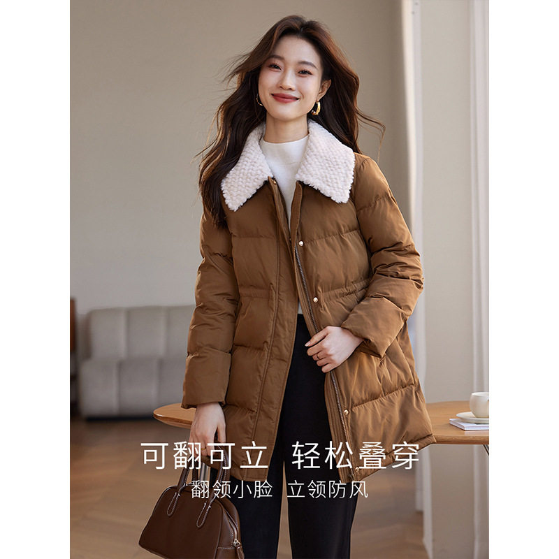 熙世界新年红色羽绒棉服女士中长款冬新款仿兔毛翻领保暖棉衣外套