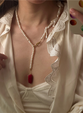 安小柏◆时髦博主同款 欧美异形淡水珍珠项链巴洛克锁骨链长坠女